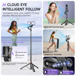Face Tracking Handheld Gimbal Stabiliser 360° Rotation Shoot Selfie Stick Tripod for Mobile Phone, - Thumbnail Image 2