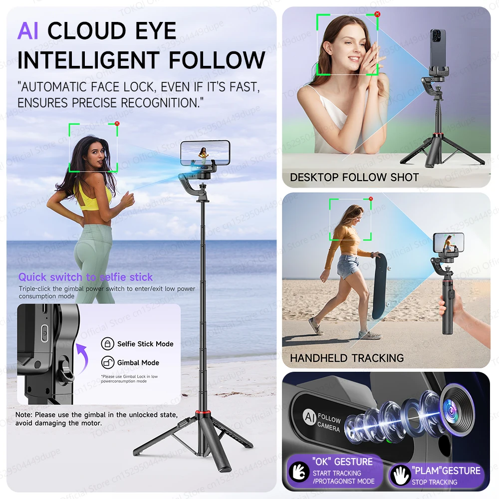 Face Tracking Handheld Gimbal Stabiliser 360° Rotation Shoot Selfie Stick Tripod for Mobile Phone, - Image 2